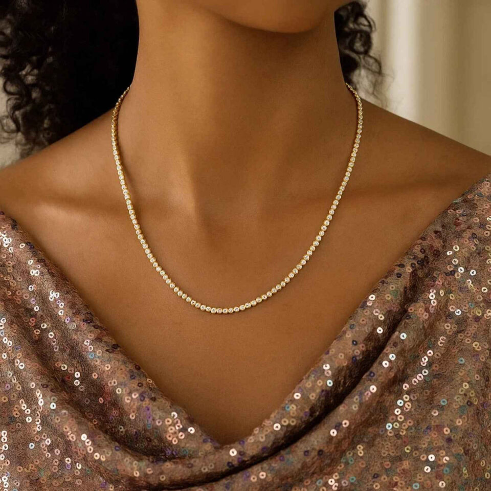 Tennis necklace in solid 14K two-tone gold, view 5
