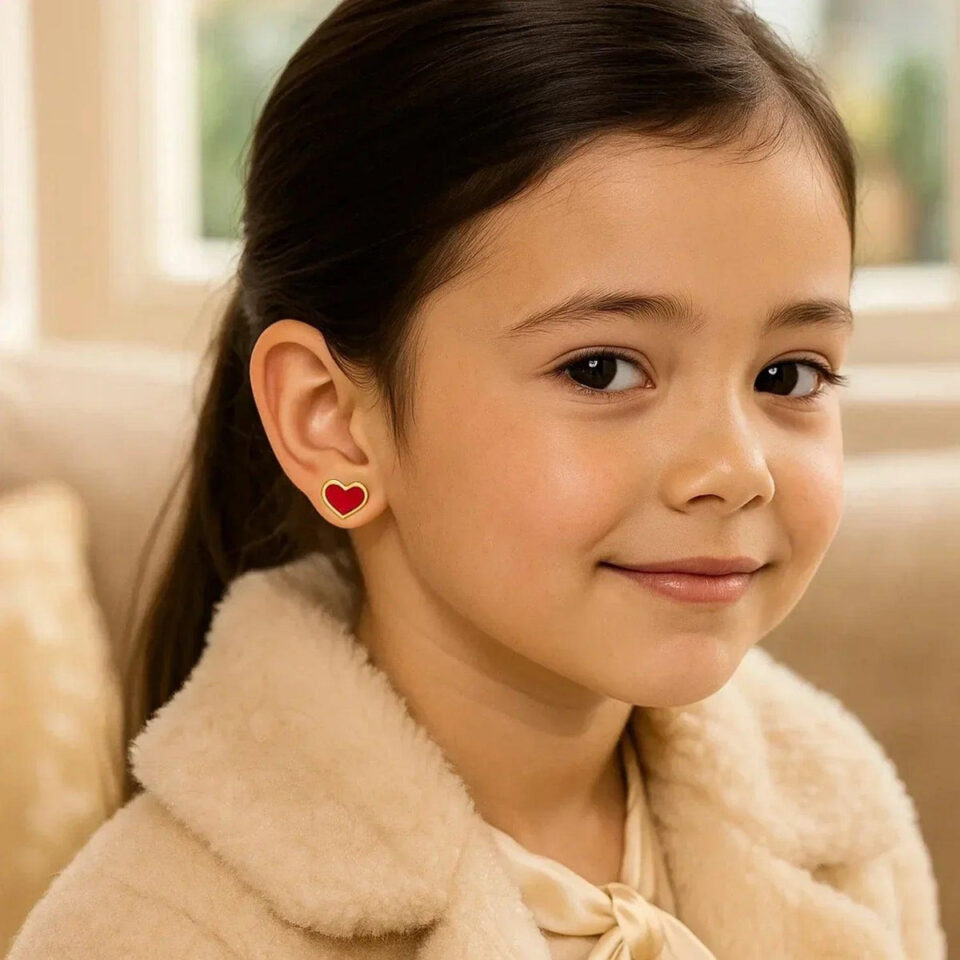 14K Yellow Gold Enamel Red Heart Stud Earrings