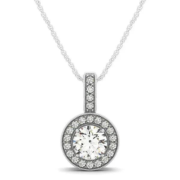 14K White Gold Halo Milgrain Lab-Grown Diamond Pendant