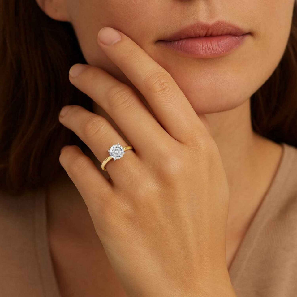 1 ct tw lab-grown diamond solitaire round ring in solid 10K yellow gold, engagement ring, view 4