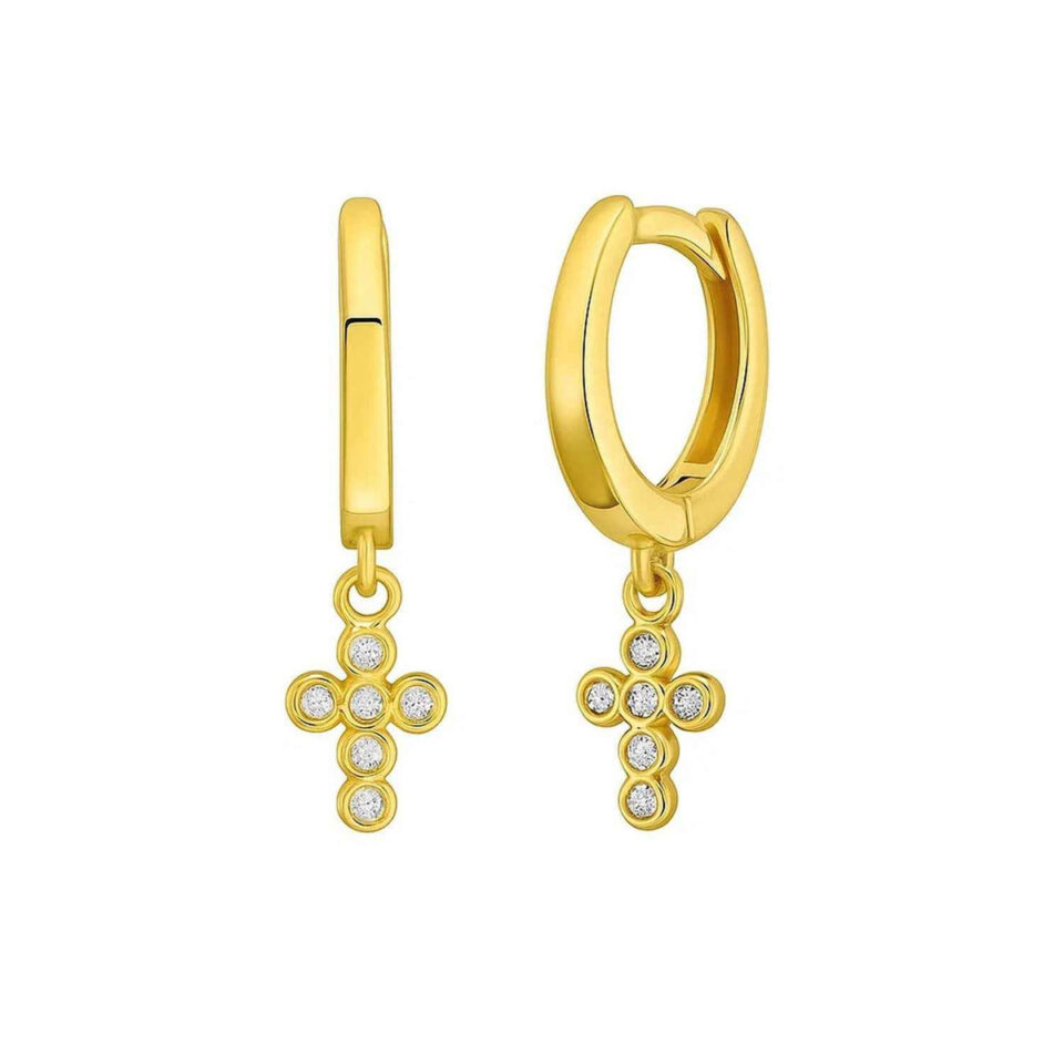 14K Yellow Gold Cross Lab-Grown Diamond Earrings