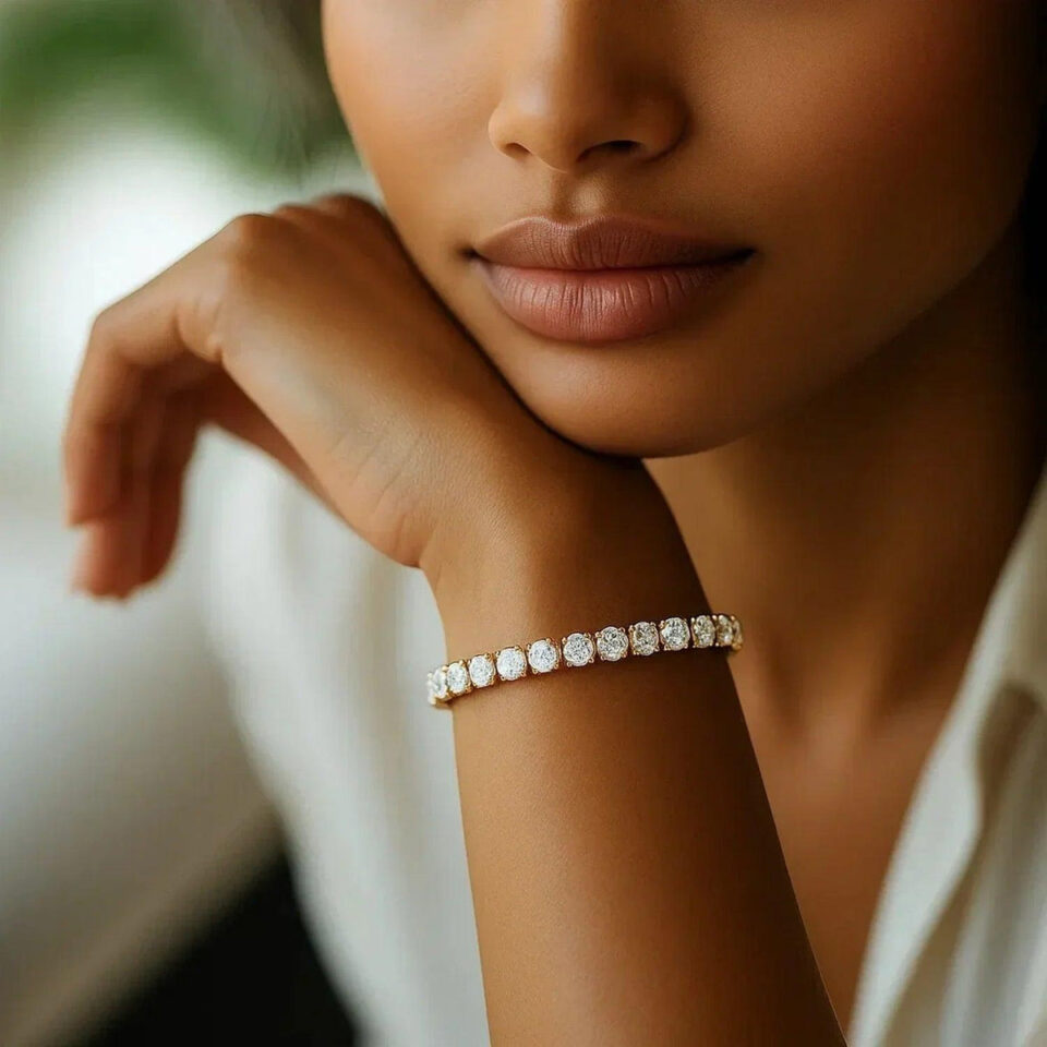 7 ct tw lab-grown diamond round tennis bracelet in solid 14K yellow gold, view 4