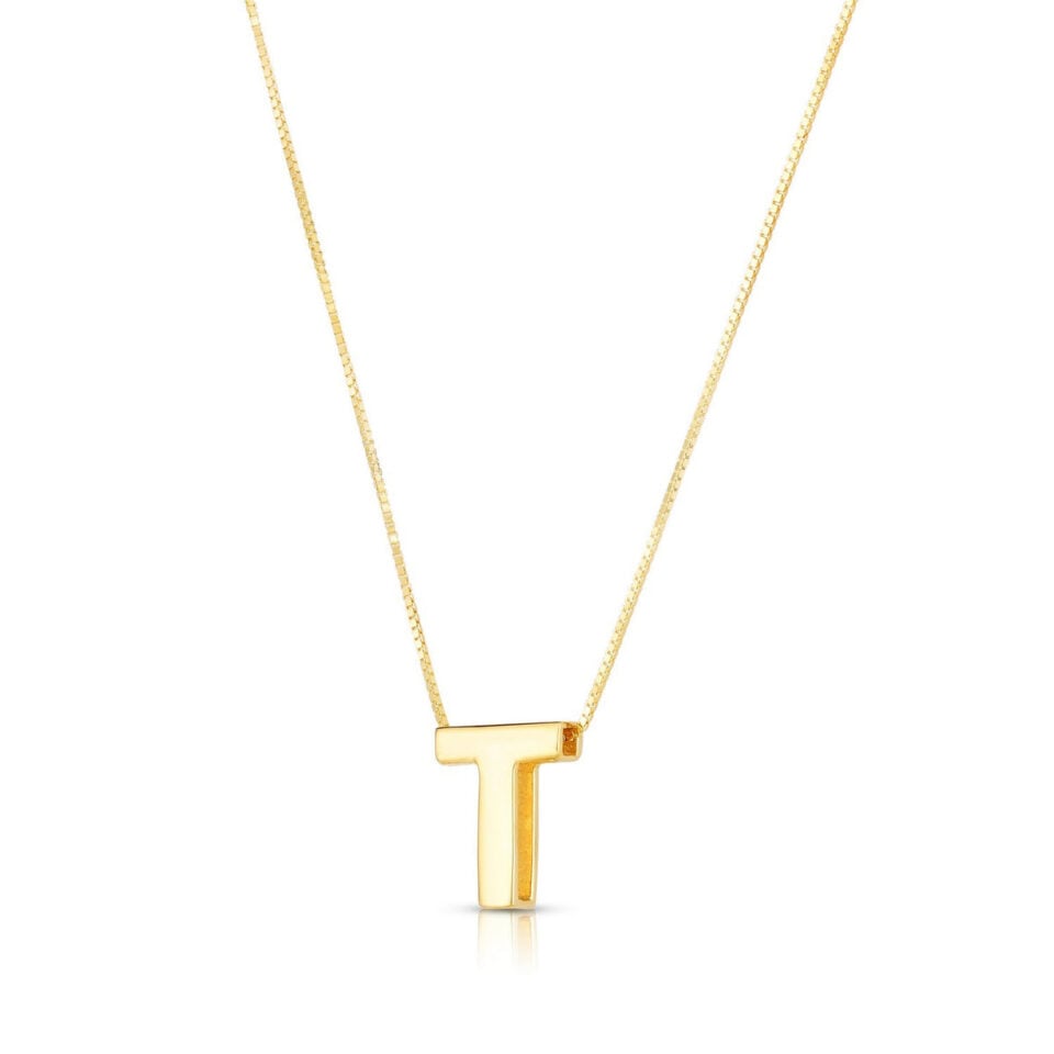 14K Yellow Gold Yours Truly Block Letter Initial T Necklace