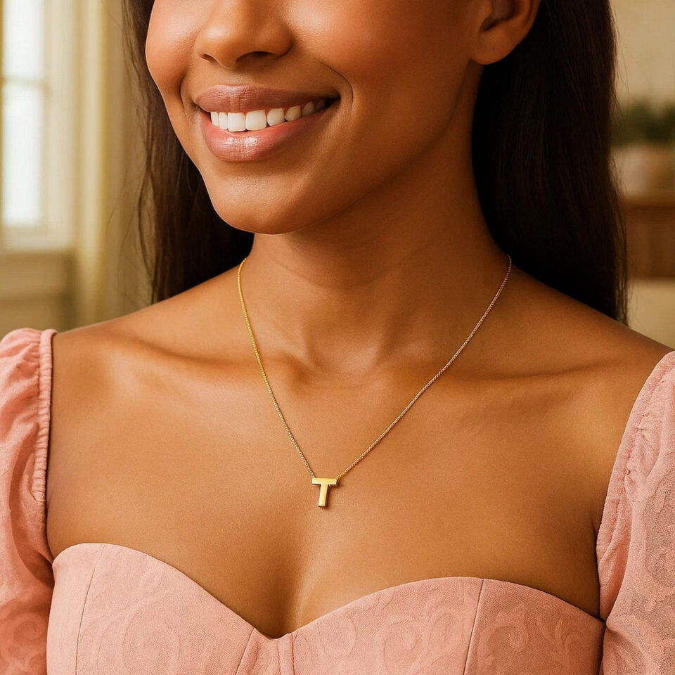 Yours truly block letter initial T necklace in solid 14K yellow gold, view 4