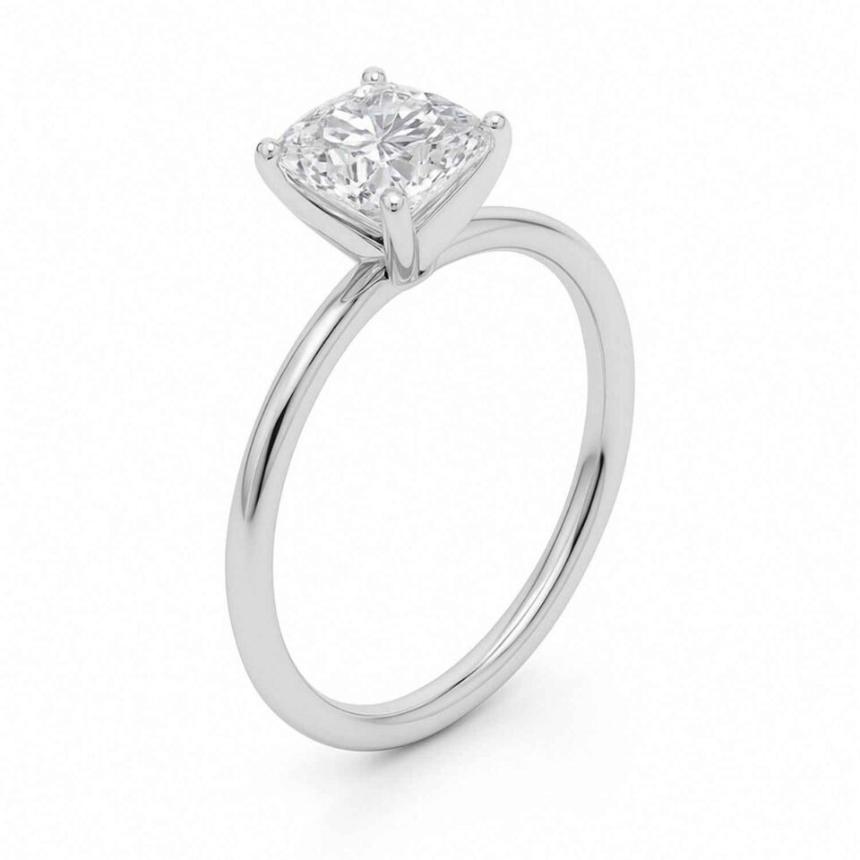 1 1/2 ct tw lab-grown diamond solitaire cushion ring in solid 14K white gold, engagement ring, view 3
