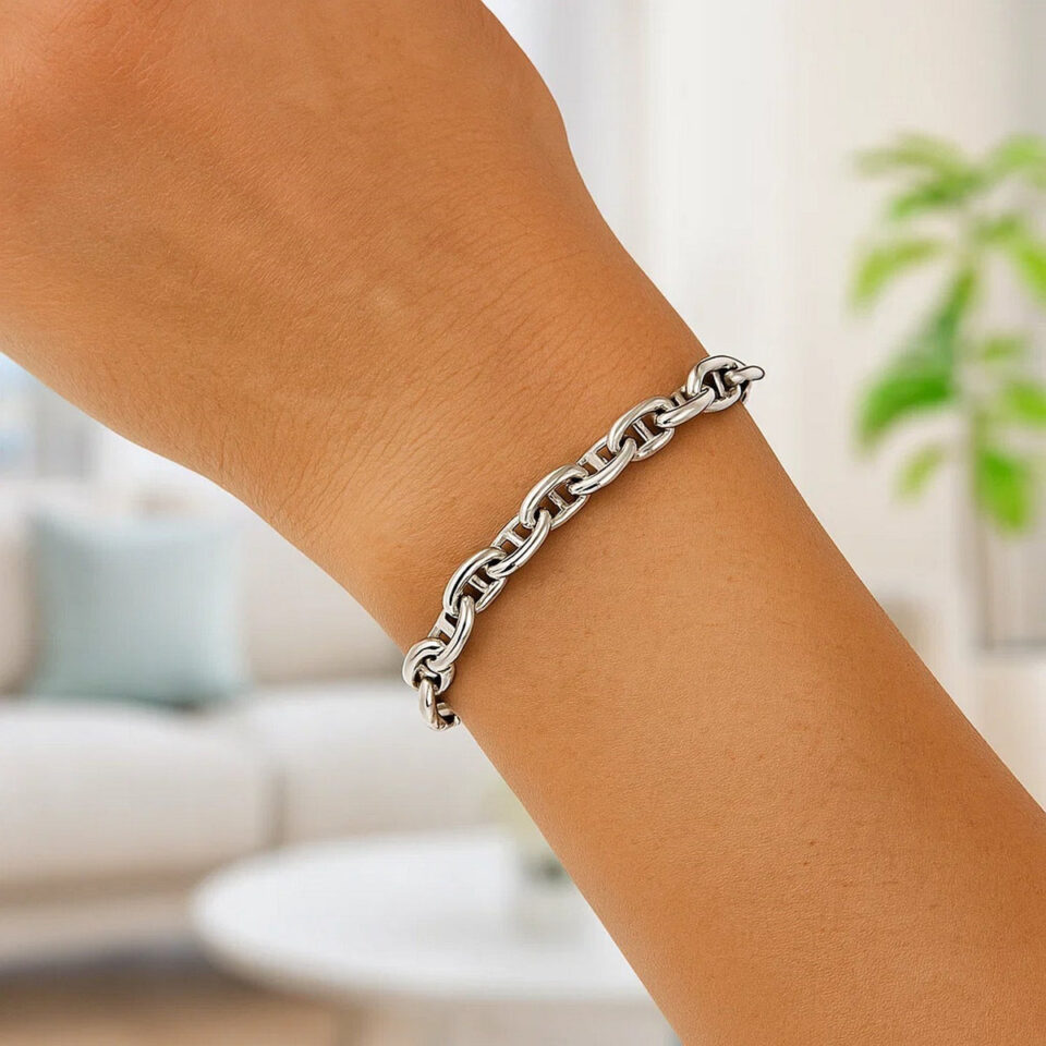 Sterling silver, rhodium plated mariner bracelet, view 7