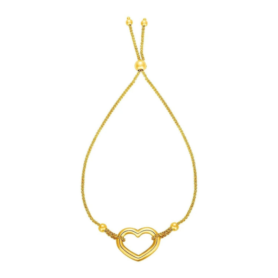 14K Yellow Gold Adjustable Shiny Open Heart Bracelet, 1 mm