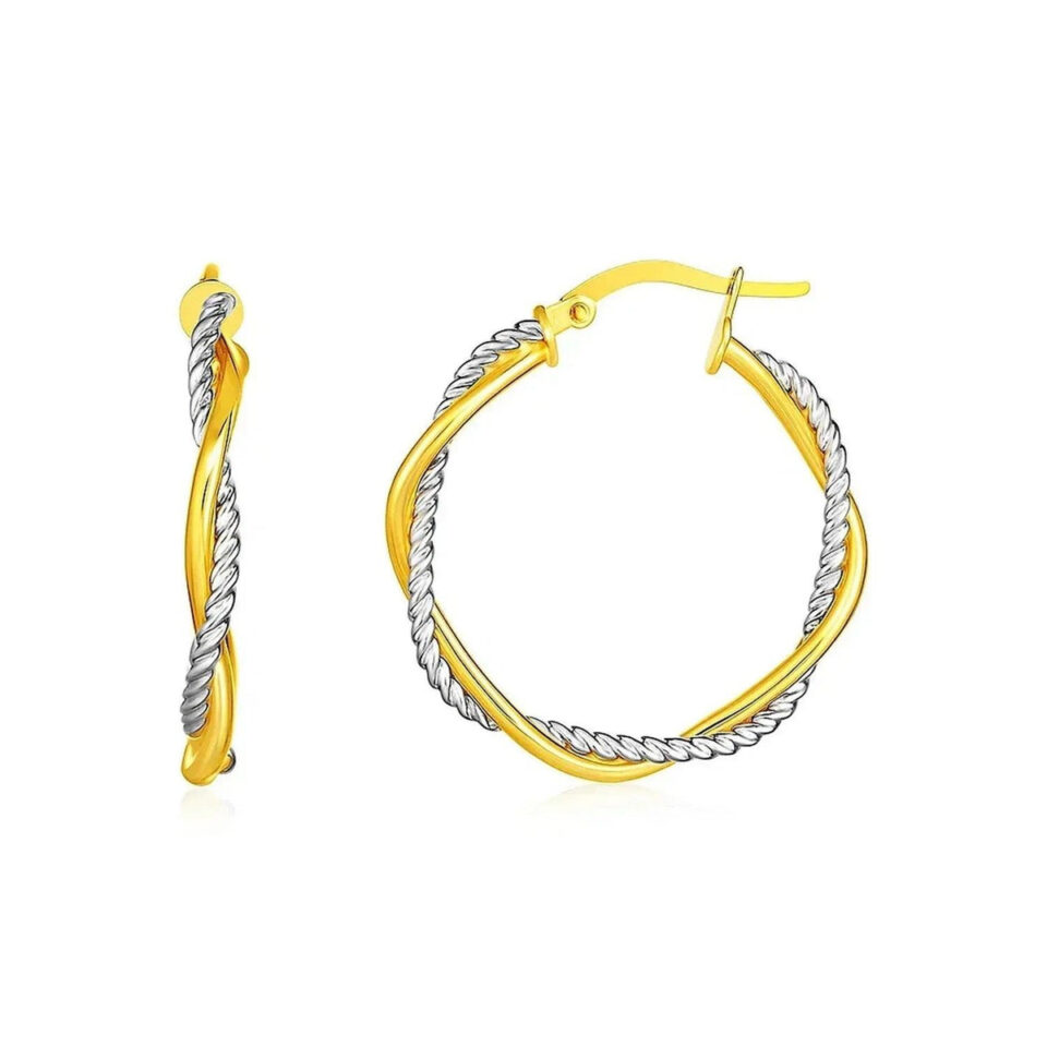14K Yellow And White Gold Round Hoop Earrings