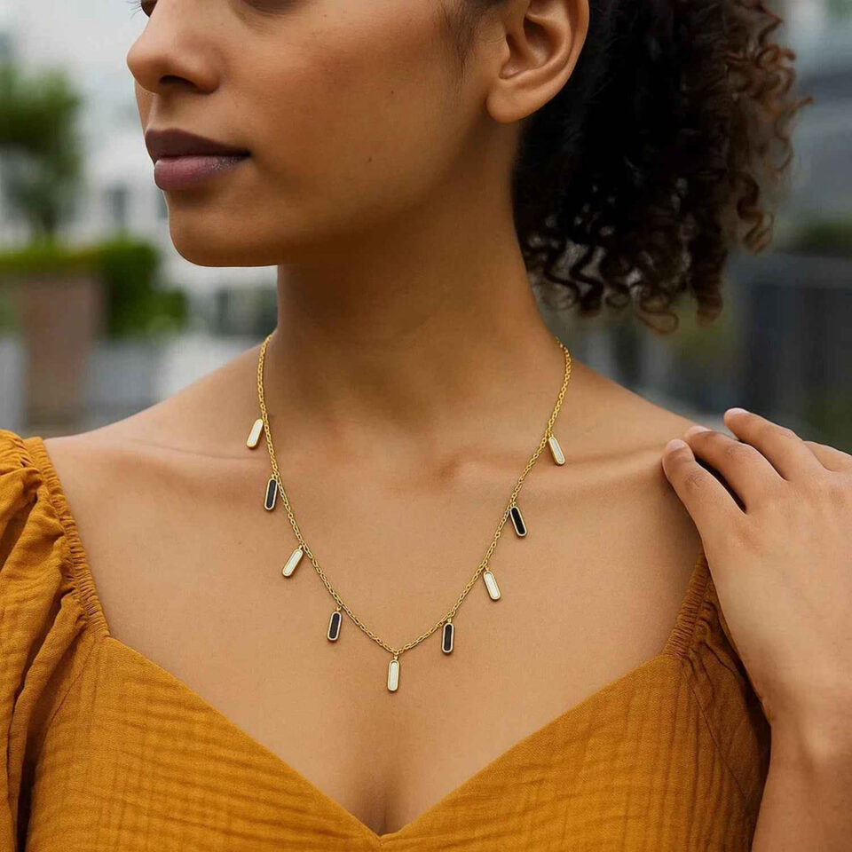 Inlay station necklace in solid 14K yellow gold, view 4