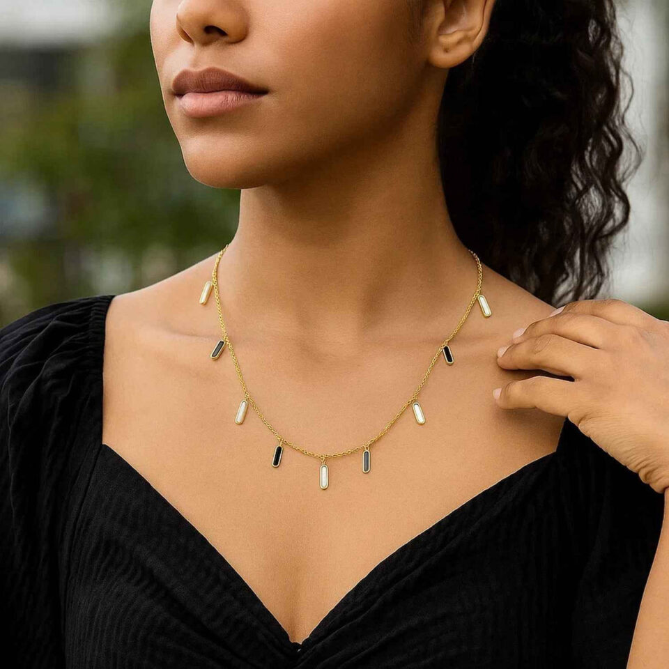 Inlay station necklace in solid 14K yellow gold, view 5