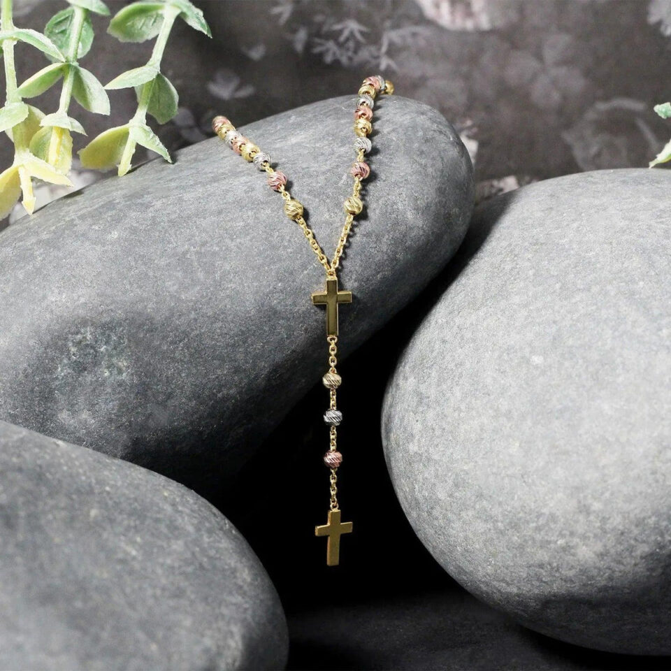 14K Tri-Color Gold Rosary Chain Necklace