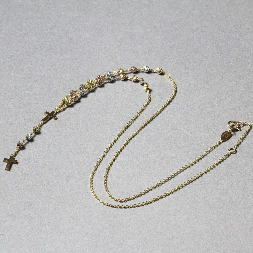 14K Tri-Color Gold Rosary Chain Necklace