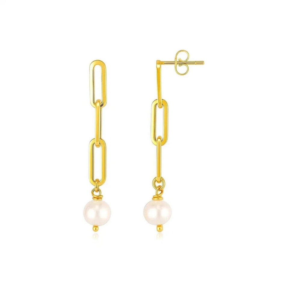 14K Yellow Gold Paperclip Pearl Earrings
