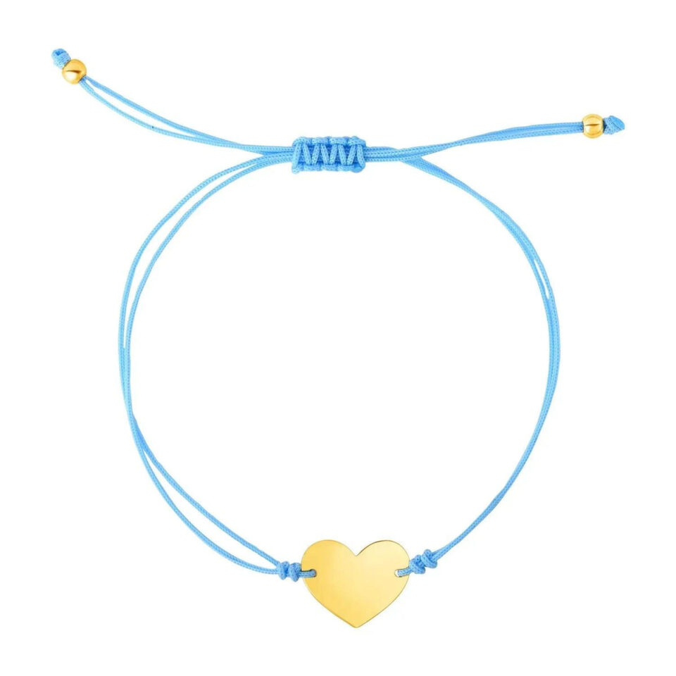 14K Yellow Gold 9 1/4 Inch Blue Cord Adjustable Heart Bracelet