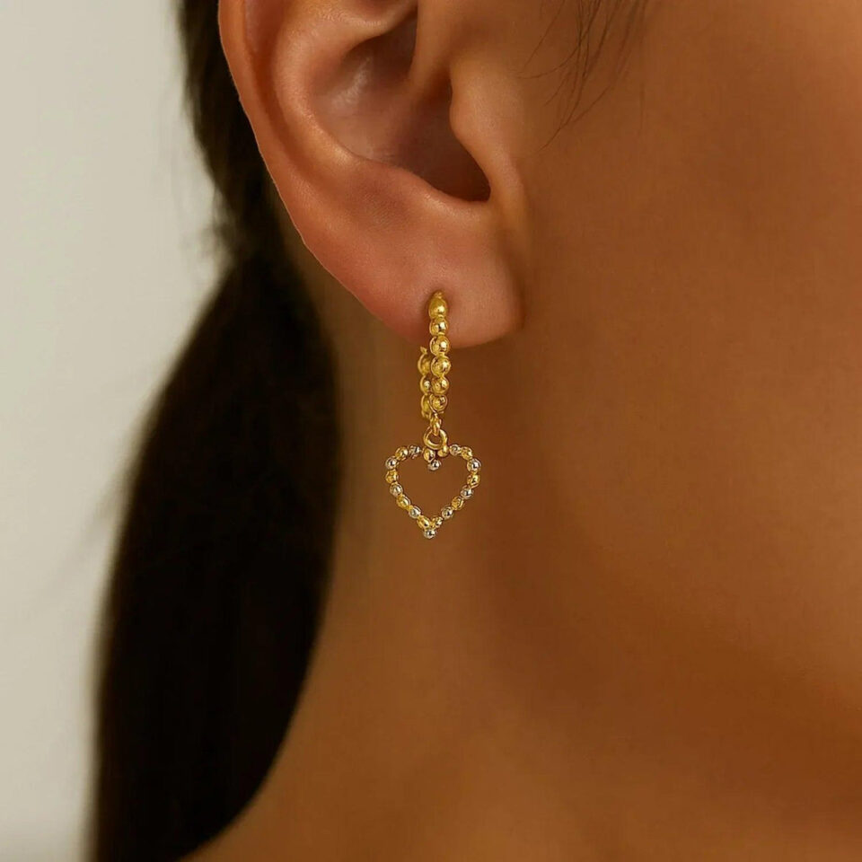Beaded hoop earrings in solid 14K two-tone gold, view 2