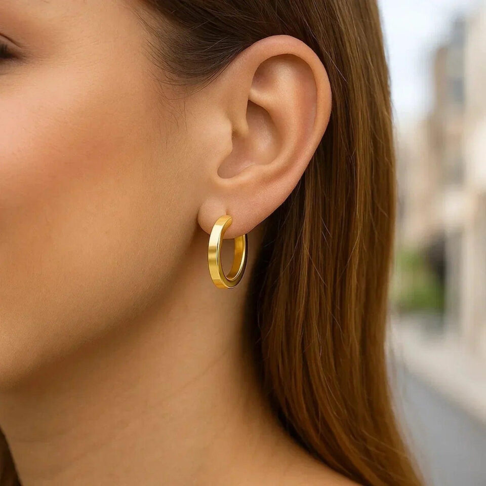 3 × 20 mm square tube hoop earrings in solid 14K yellow gold, view 2