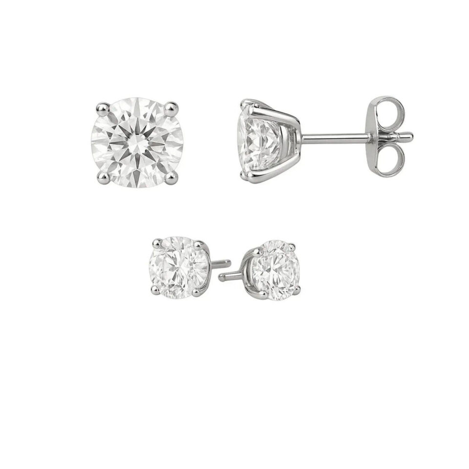5 mm stud white hue faceted cubic zirconia earrings in solid 14K white gold, view 4