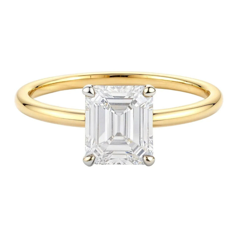 14K Yellow Gold Lab-Grown Diamond Emerald Solitaire Ring 1cttw