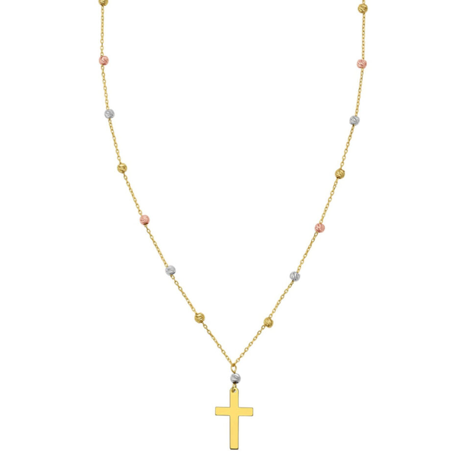 14K Tri-Colour Gold Beaded Cross Necklace