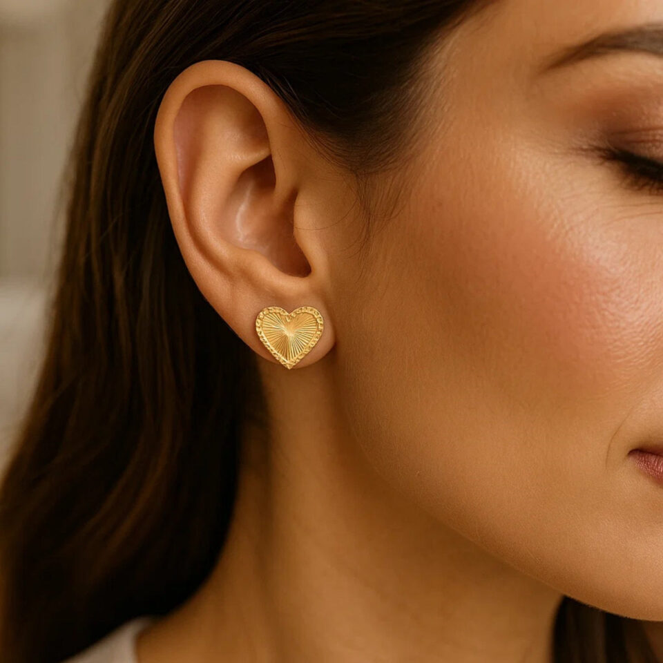 Heart stud earrings in solid 14K yellow gold, view 2