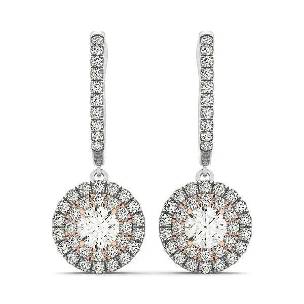 14K White And Rose Gold Halo Drop Earrings with Lab-Grown Diamonds