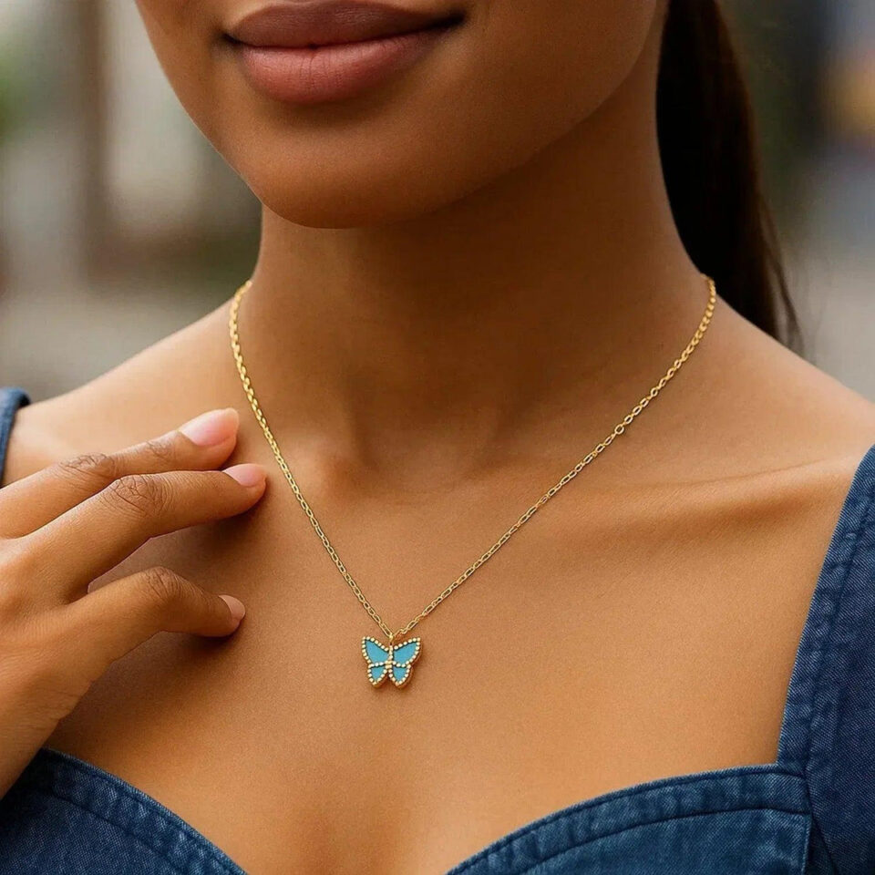 14K Yellow Gold Butterfly Turquoise Paste Necklace