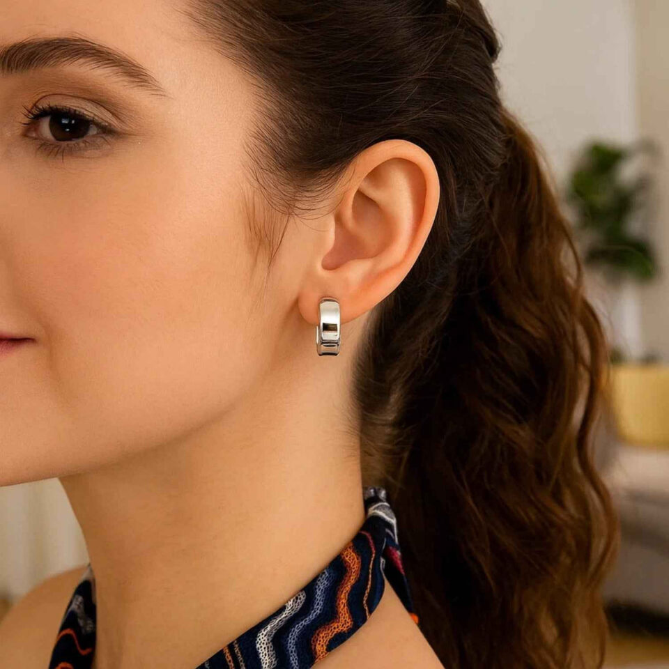 Sterling silver round hoop earrings, view 2