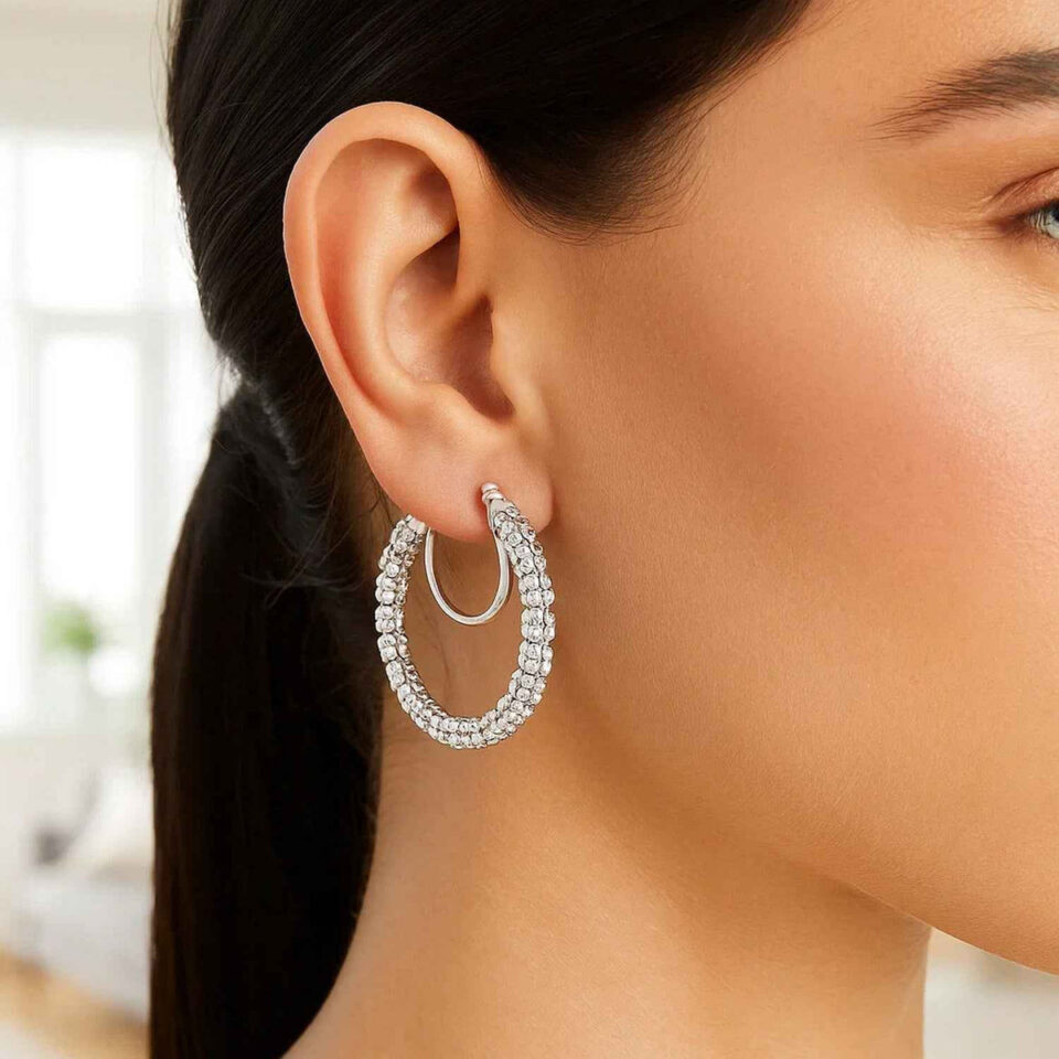 Ice chain round hoops earrings in solid 14K white gold, view 2