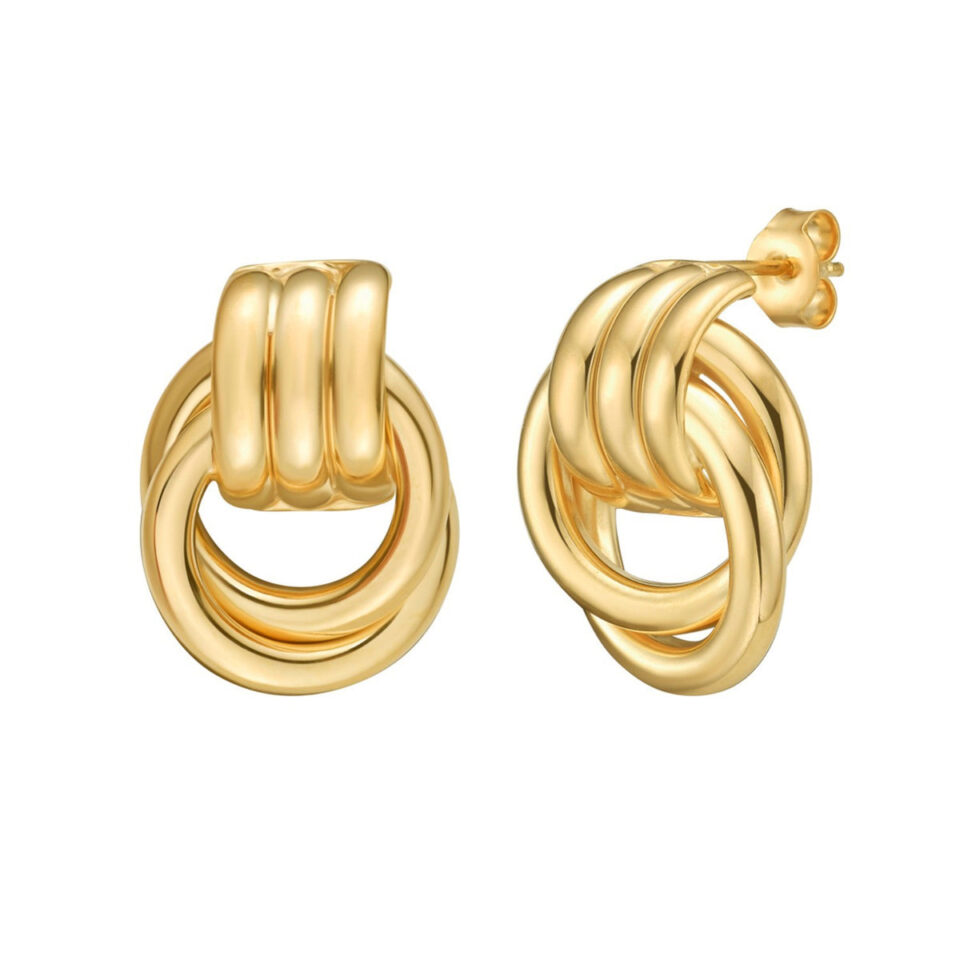 Gold-plated sterling silver triple door knocker hoop earrings, view 2