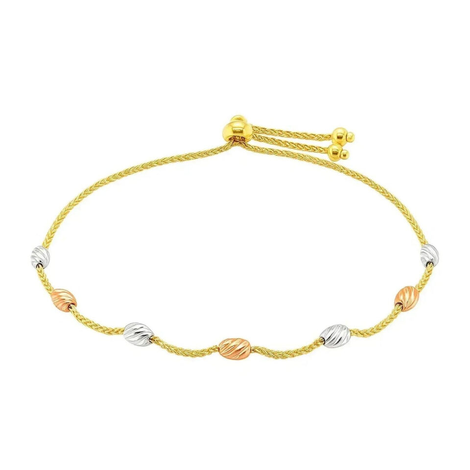 Oval textured bracelet in solid 14K tri-colour gold, view 3