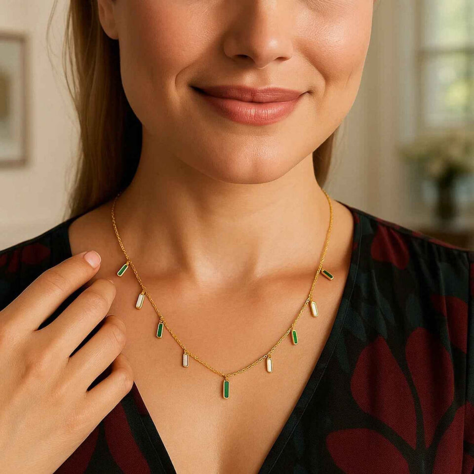 Inlay station necklace in solid 14K yellow gold, view 5