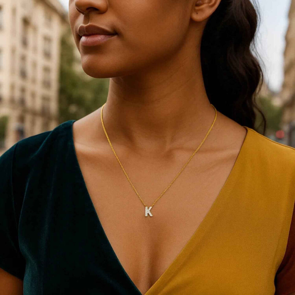 14K Yellow Gold Lab-Grown Diamond Mini K Initial Pendant Necklace