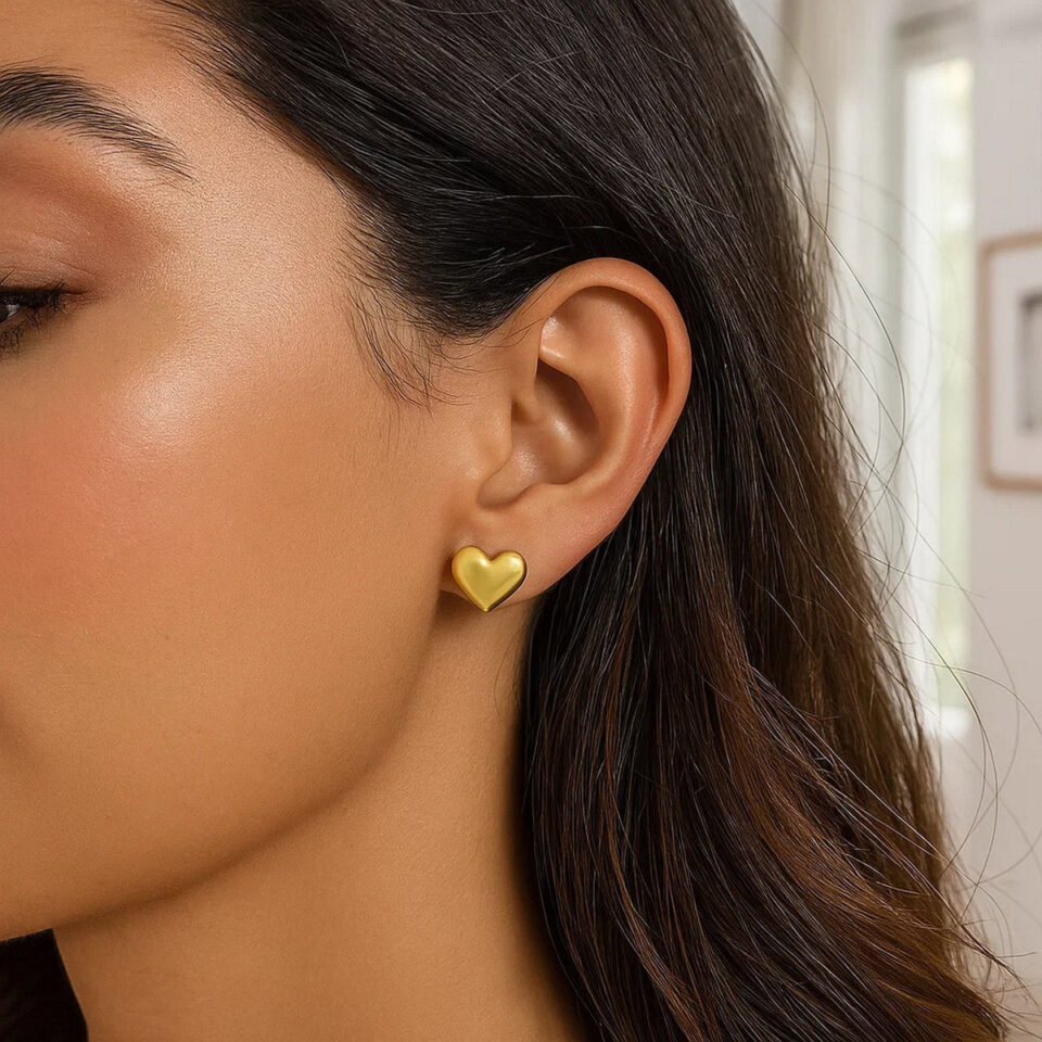 14K Yellow Gold Puffed Heart Stud Earrings