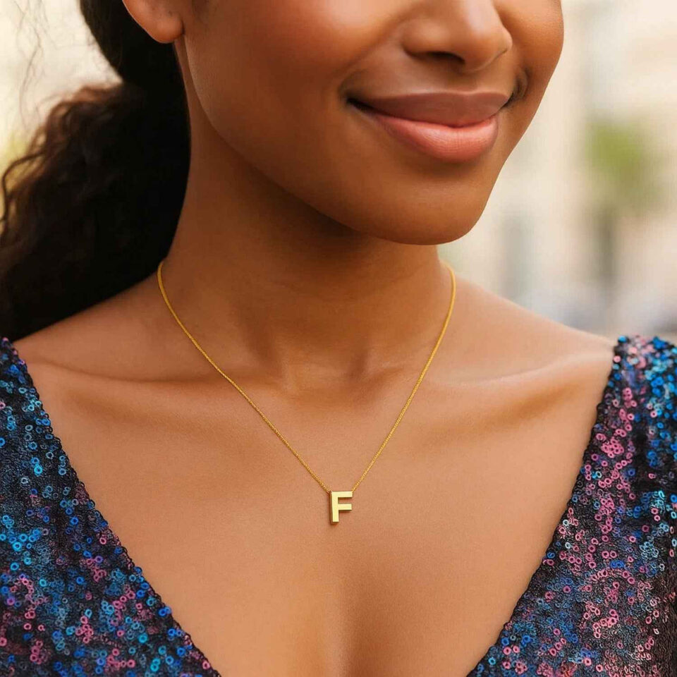 Yours truly block letter initial F necklace in solid 14K yellow gold, view 4