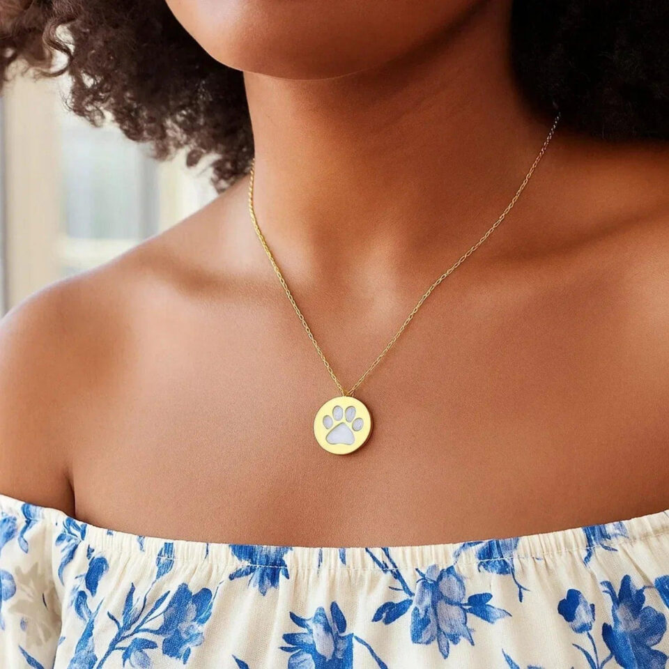 Dog paw print symbol mother pearl necklace in solid 14K yellow gold, view 6