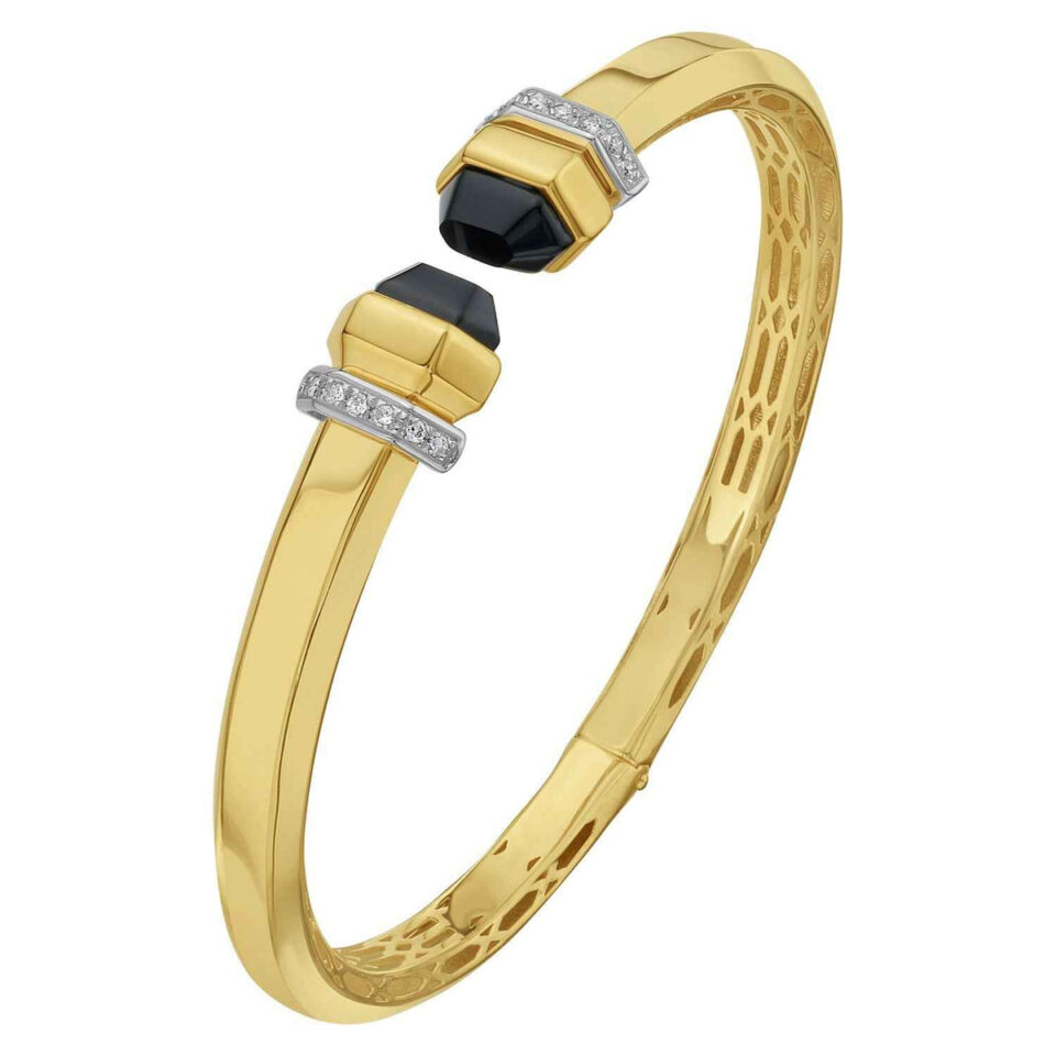 14K Yellow Gold Black Pyramid Art Deco Open Cuff Bangle, 6 mm