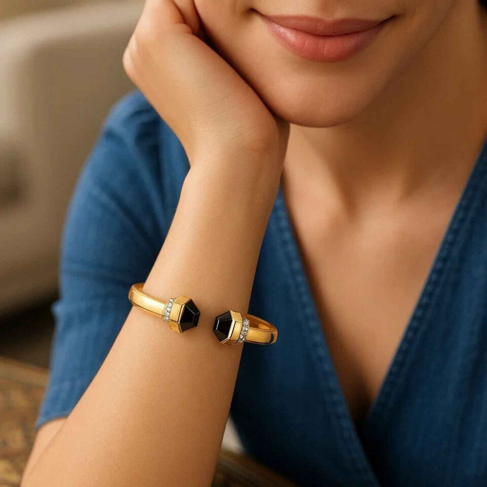 14K Yellow Gold Black Pyramid Art Deco Open Cuff Bangle, 6 mm