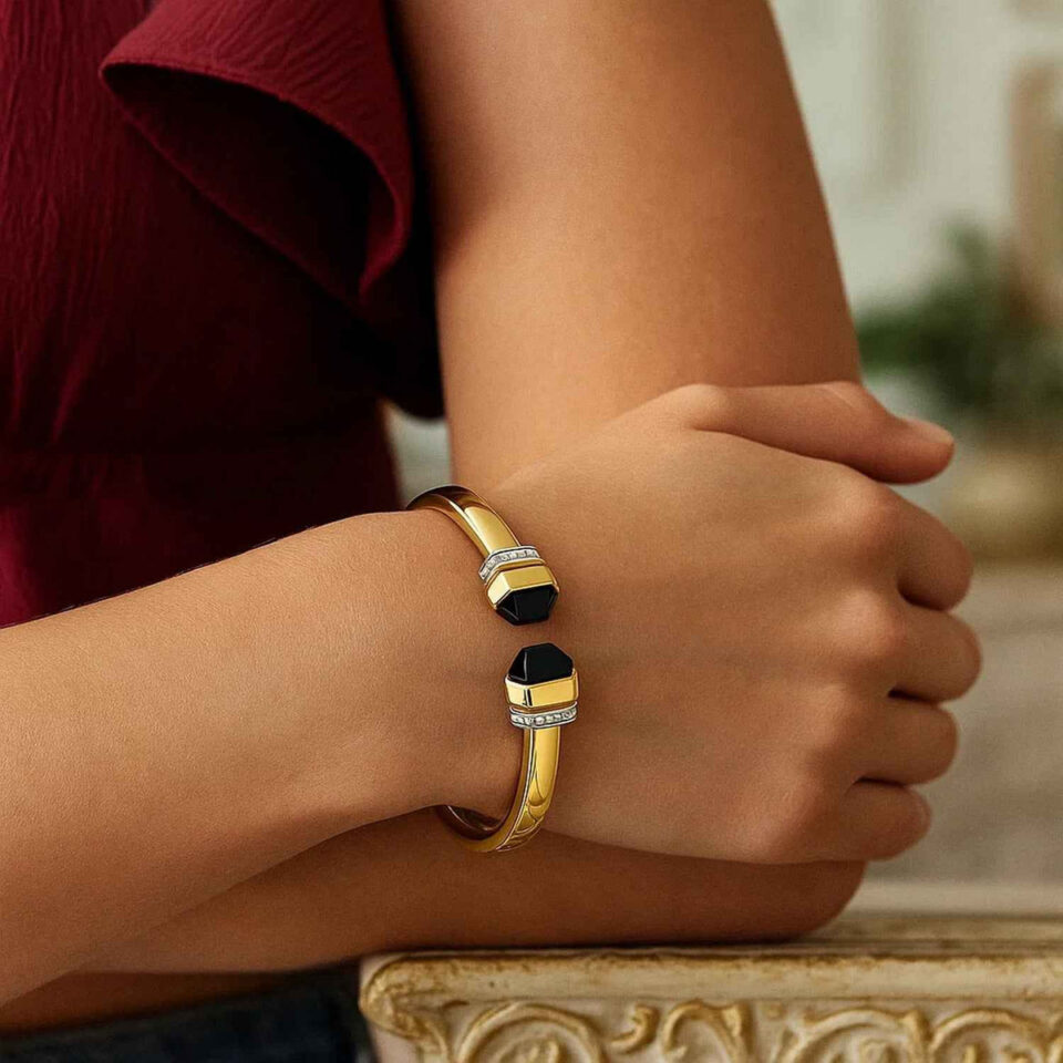 14K Yellow Gold Black Pyramid Art Deco Open Cuff Bangle, 6 mm