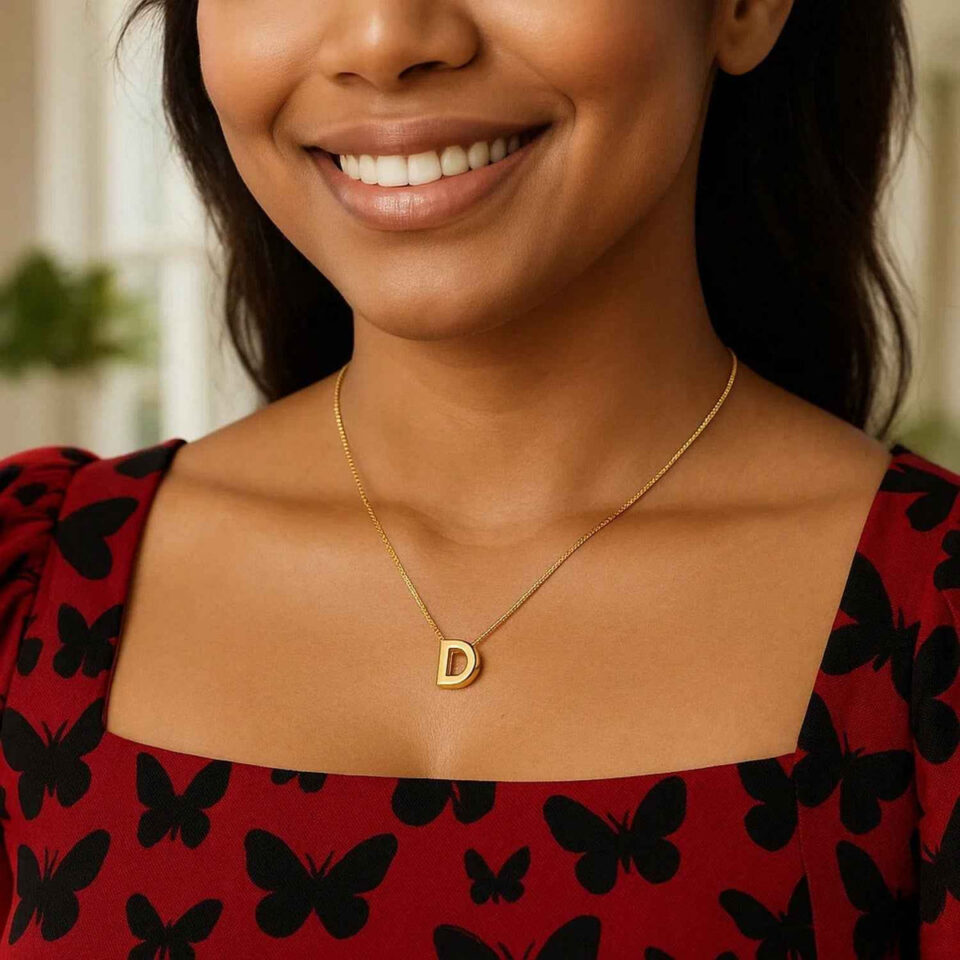 Yours truly block letter initial D necklace in solid 14K yellow gold, view 3