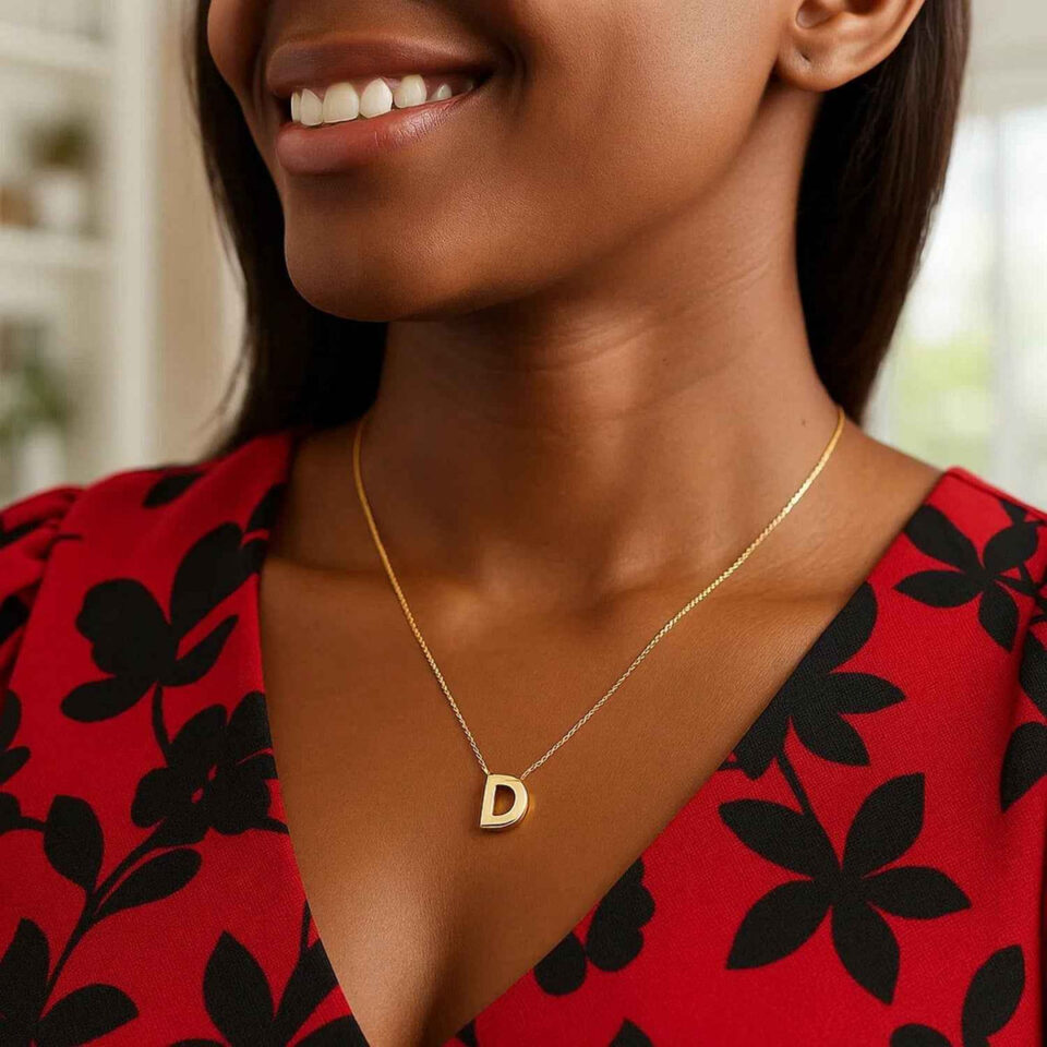 Yours truly block letter initial D necklace in solid 14K yellow gold, view 4