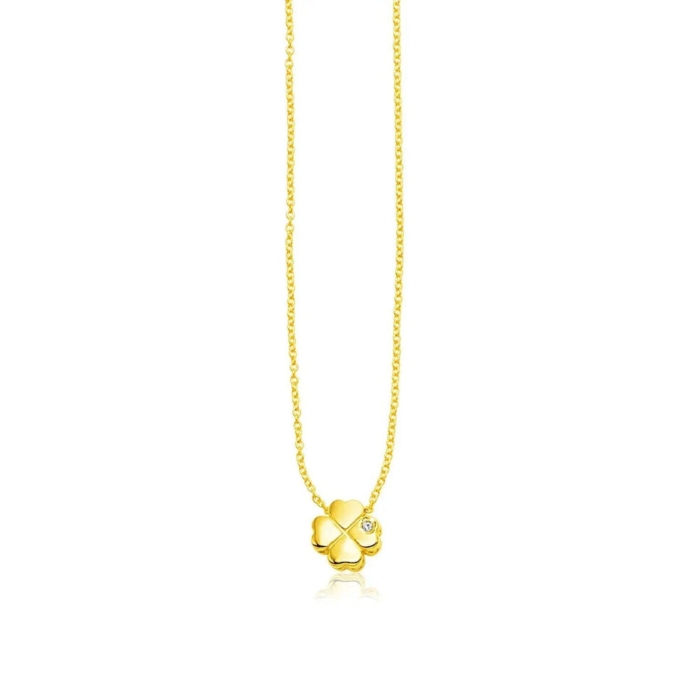 14K Yellow Gold Polished Clover Lab-Grown Diamond Necklace