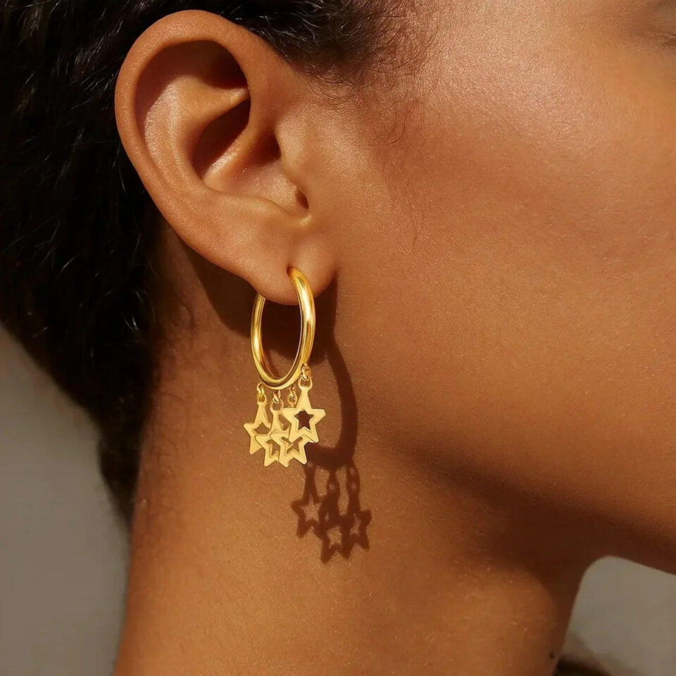 14K Yellow Gold Star Hoop Huggie Earrings