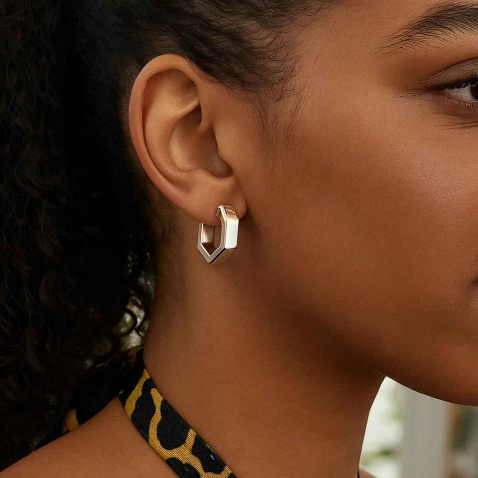 Sterling silver hexagon hoop earrings, view 2