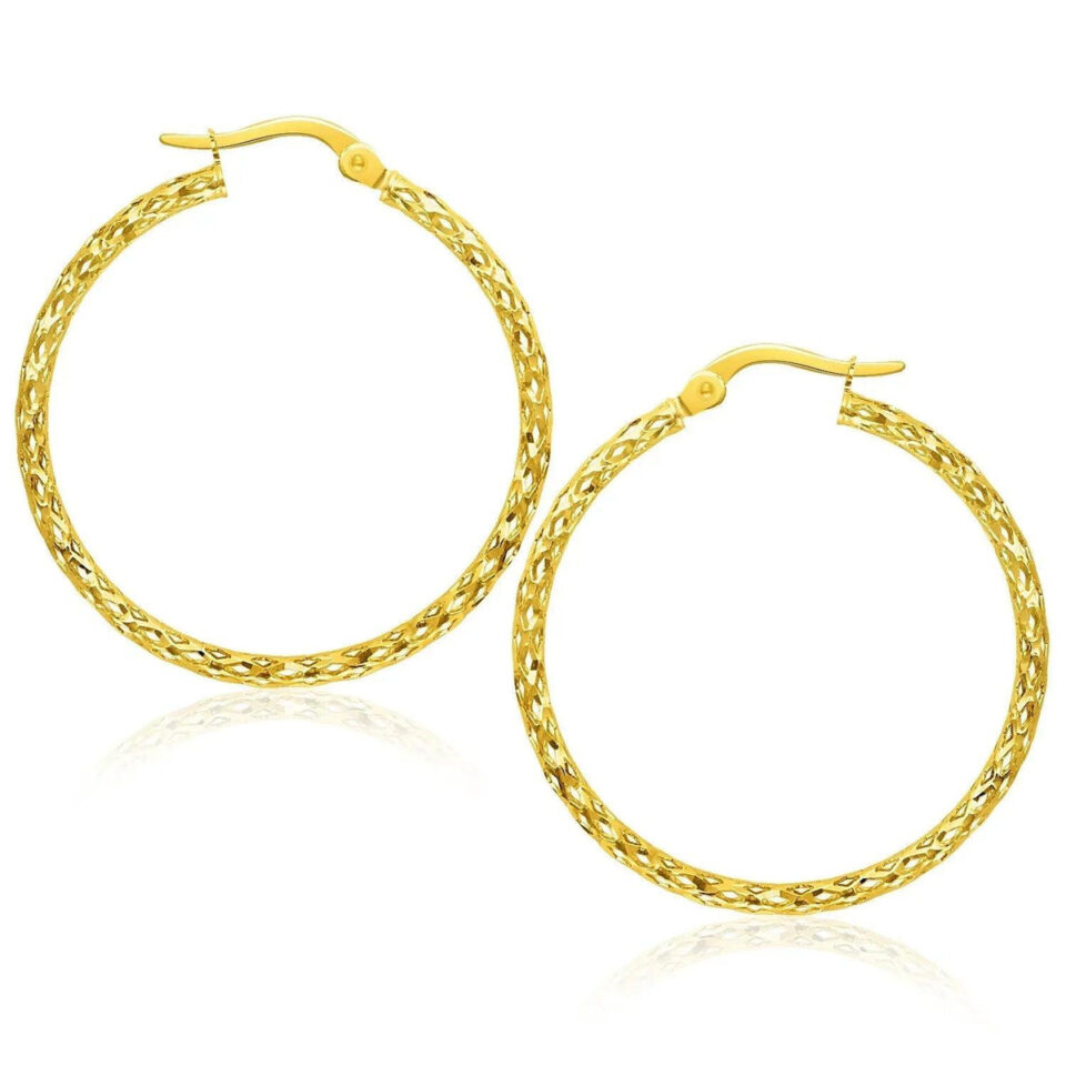 Textured Hoop Earrings, 1.5 x 30 mm, 14K Yellow Gold