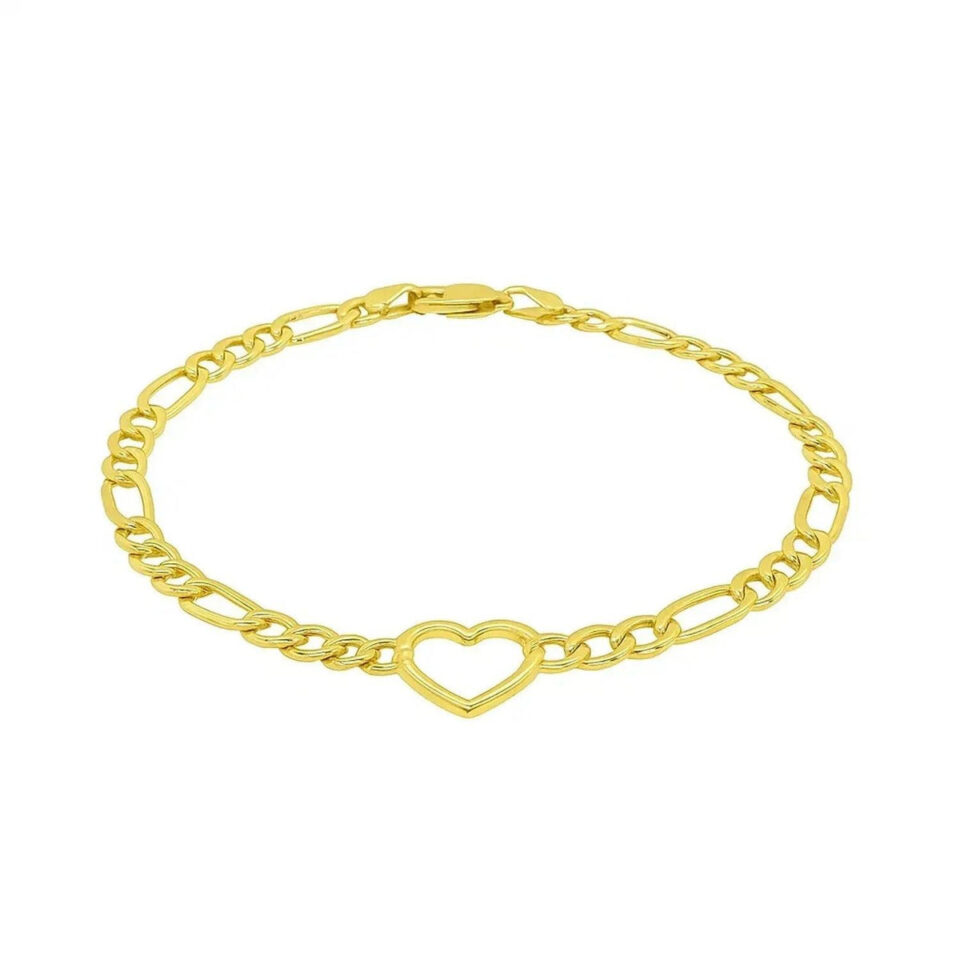 10K Yellow Gold Heart Figaro Bracelet