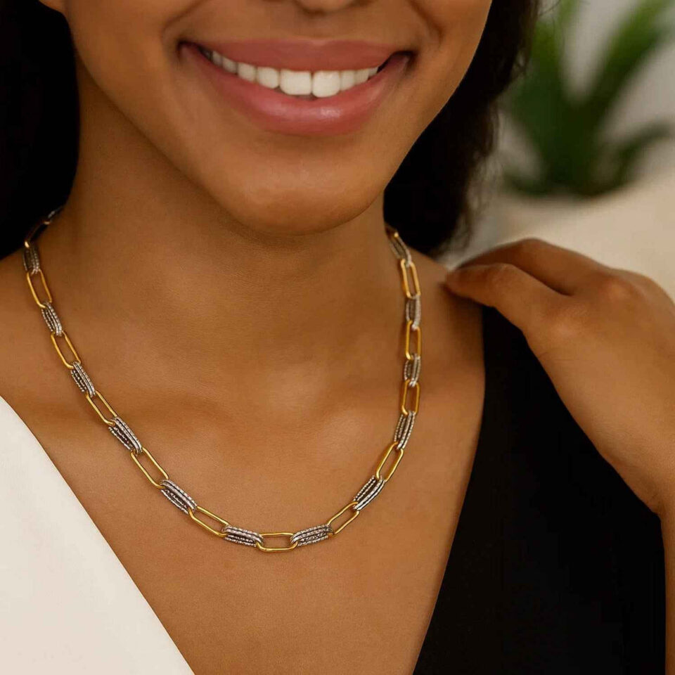 Paperclip necklace in solid 14K two-tone gold, view 3