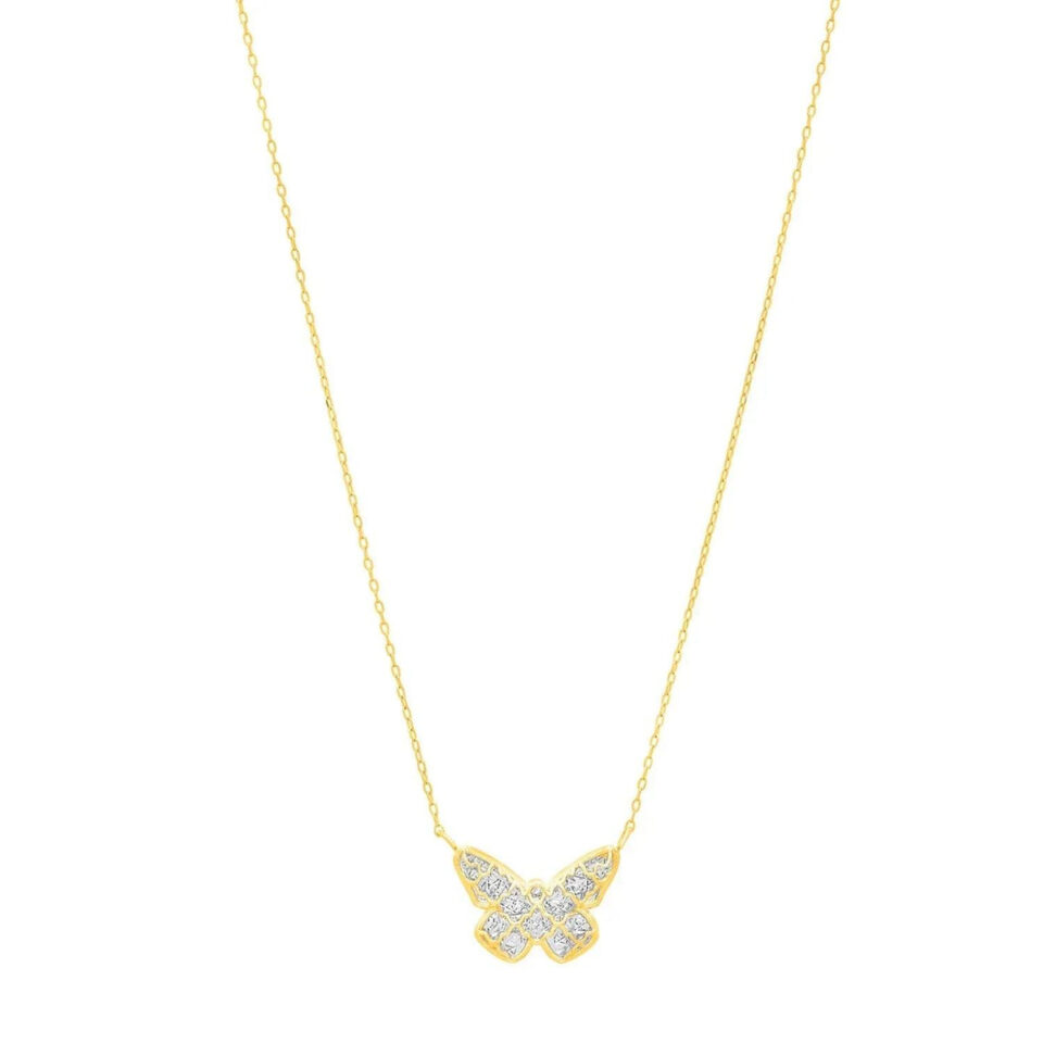 14K Yellow Gold Butterfly Necklace Checkered
