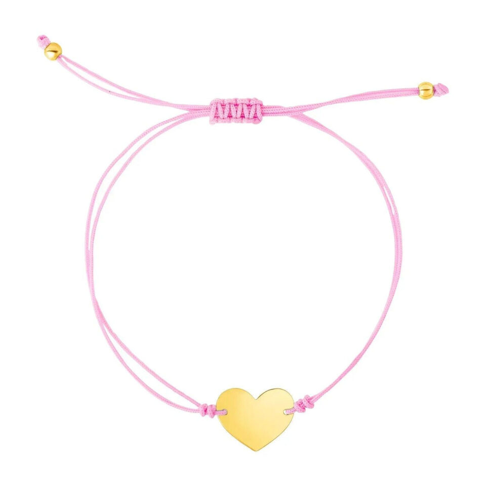 14K Yellow Gold 9 1/4 Inch Pink Cord Adjustable Heart Bracelet