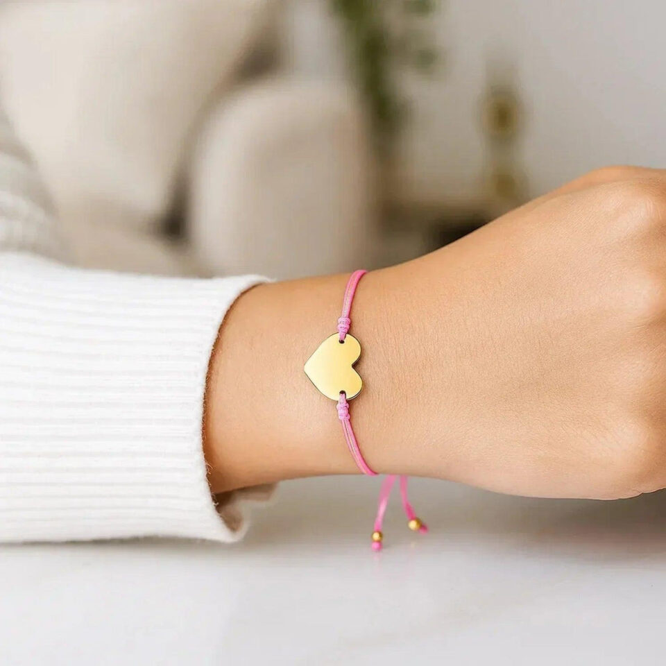 9 1/4 inch pink cord adjustable heart bracelet in solid 14K yellow gold, view 5
