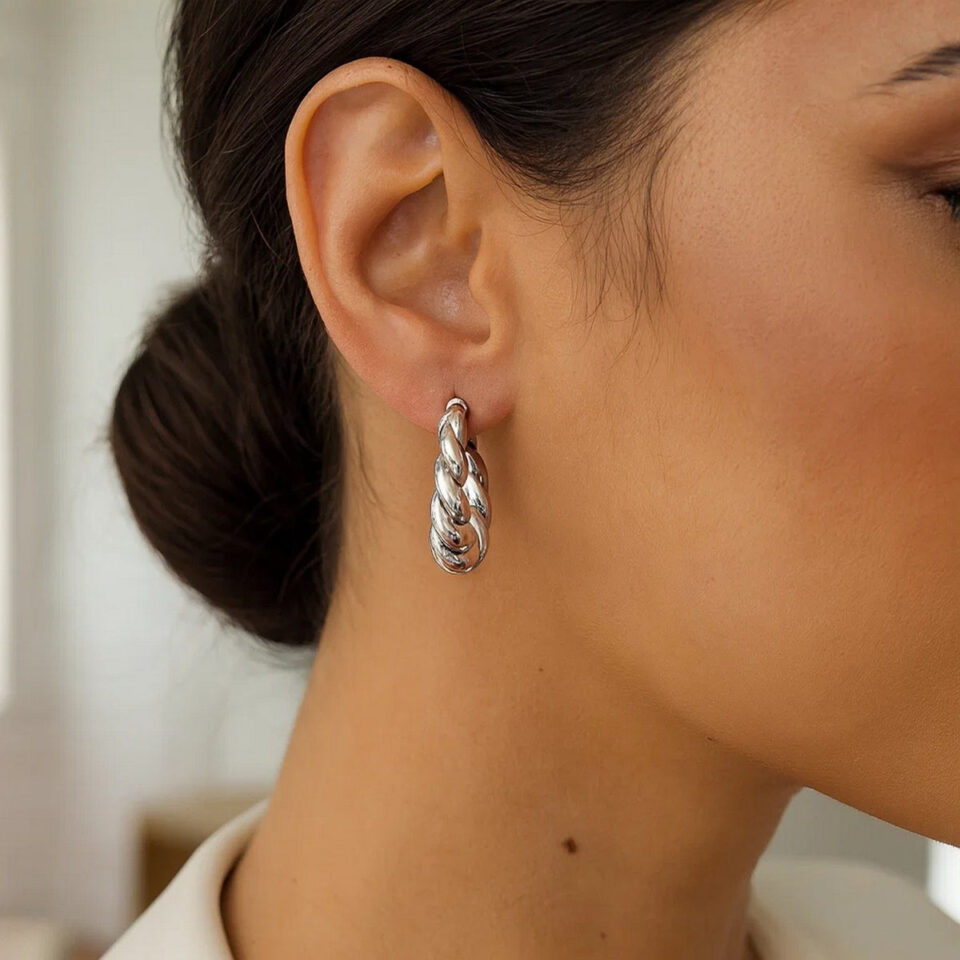 Sterling Silver Rhodium Plated Twisted Hoop